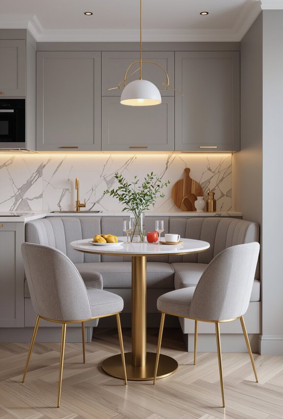 grey velvet gold accented nook