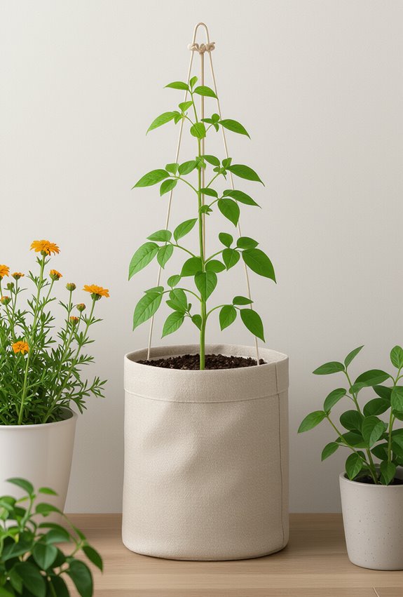 grow bag anchored vertical trellises