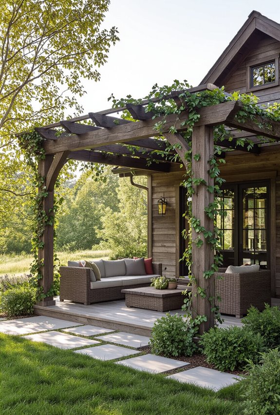 hand hewn pergola with vines