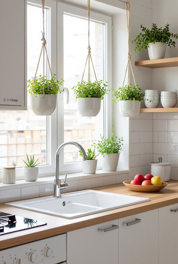 hanging herb and pothos