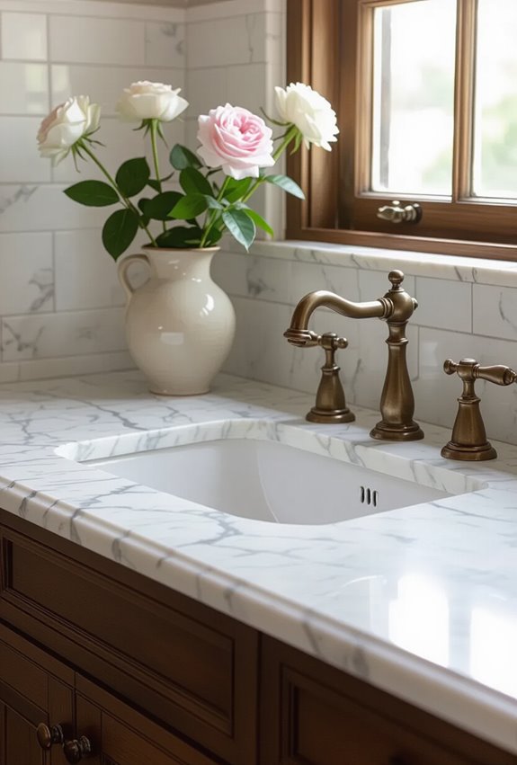 honed veined marble with antiqued edge