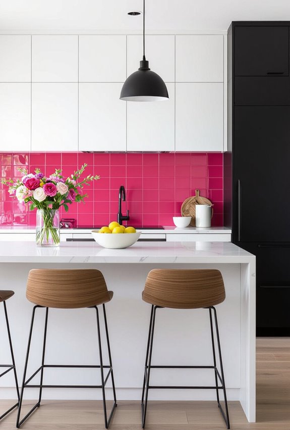 hot pink tiled kitchen focal