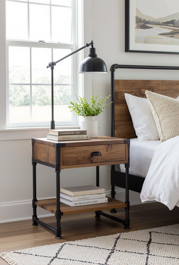 industrial pipe and wood nightstand
