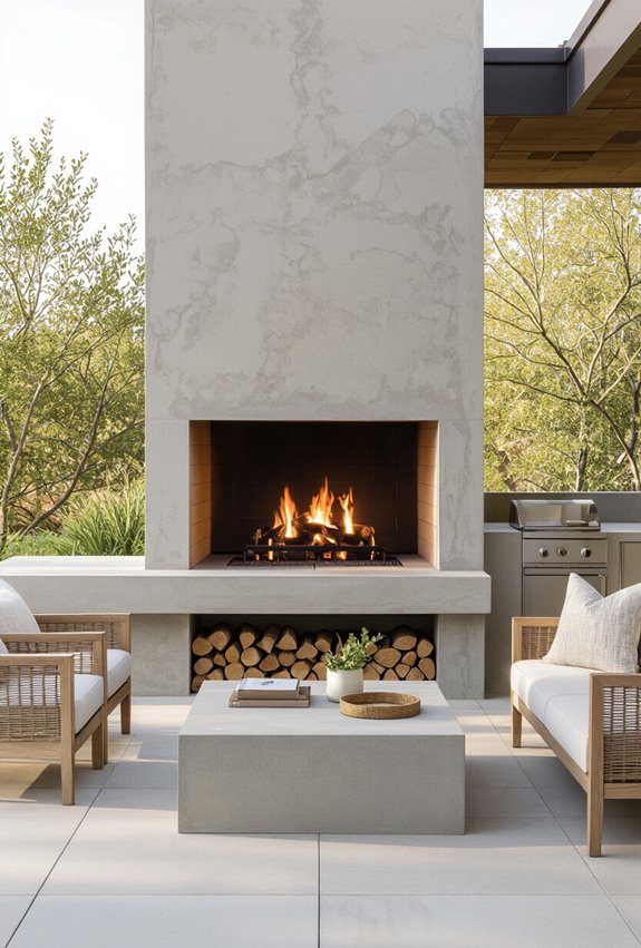 integrated concrete fireplace kitchen