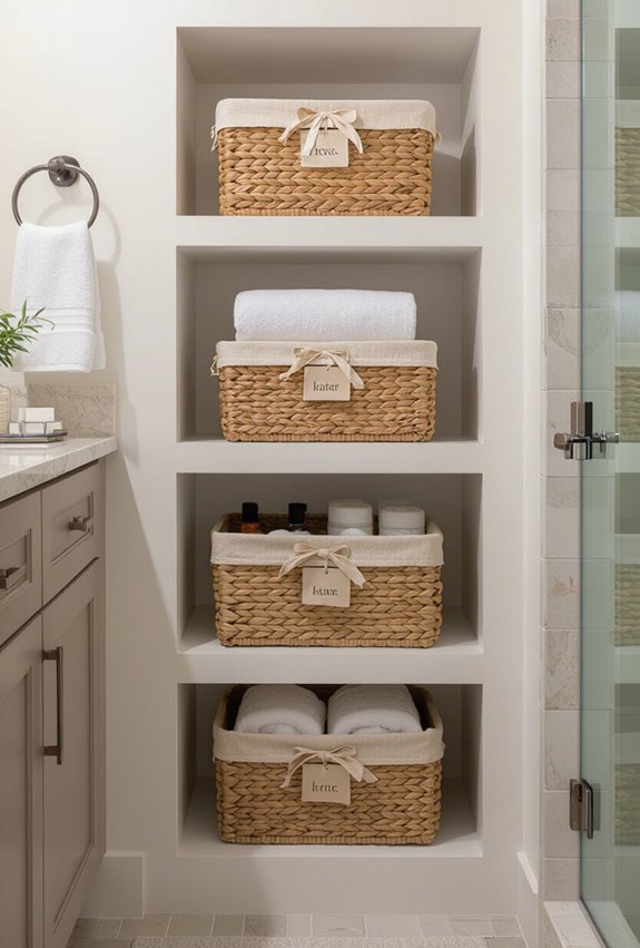 labeled baskets for toiletries