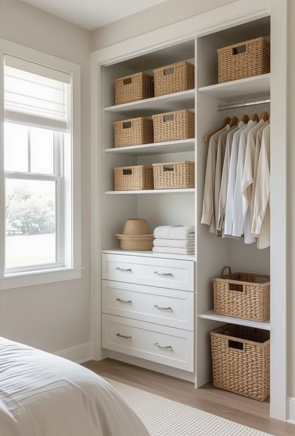 labeled baskets organize shelves