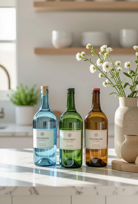 labeled decorative bottles on tray