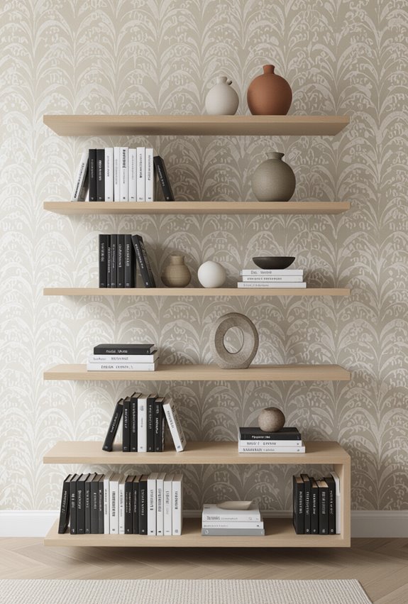 layered art behind bookshelves