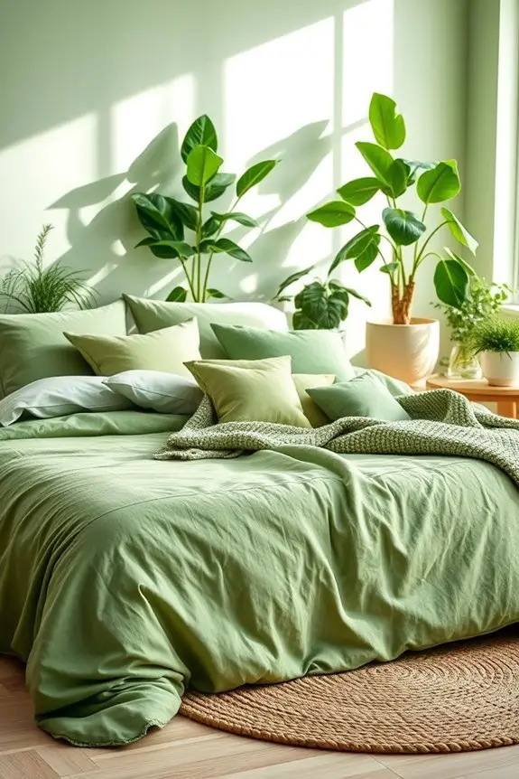 layered green bedroom textiles