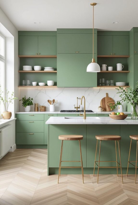 layered monochrome green kitchen