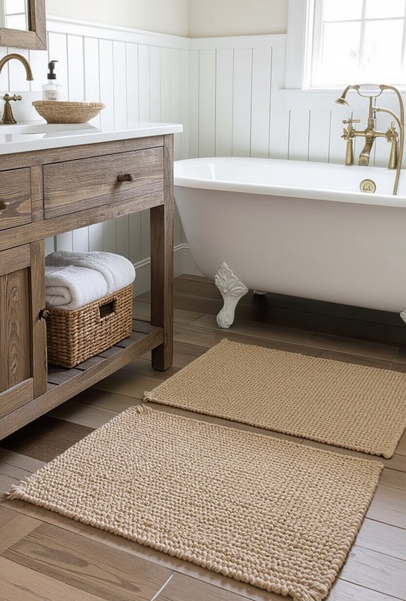 layered warm toned bathroom rugs