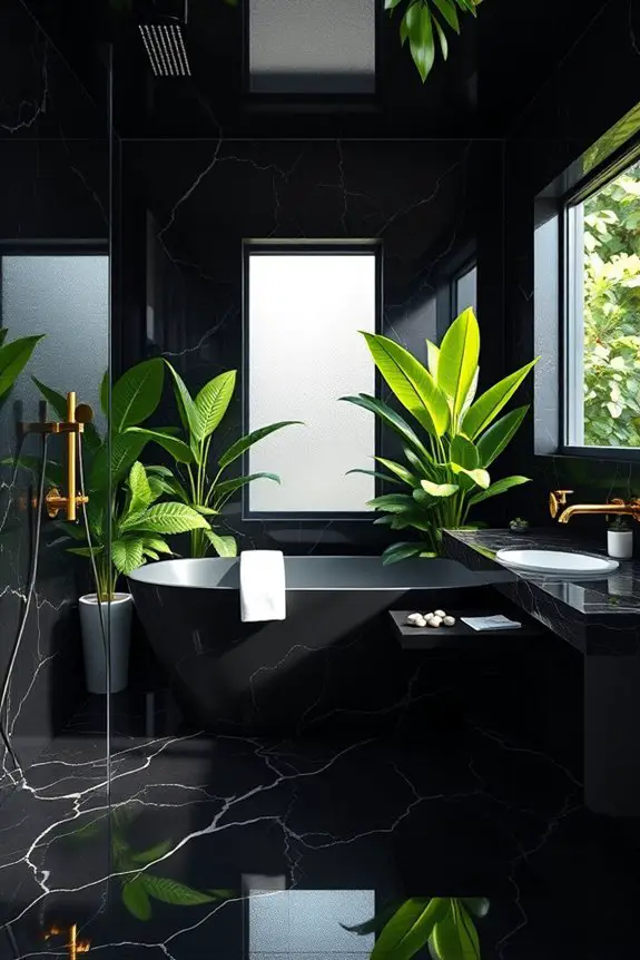 lush plants enhance black marble