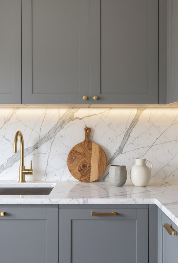 marbled backsplash with gold grout