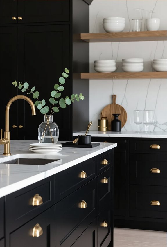 matte black cabinetry antique brass