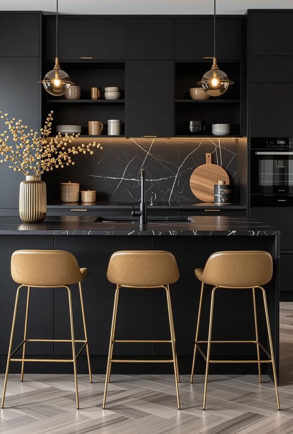 matte black cabinets gold seating