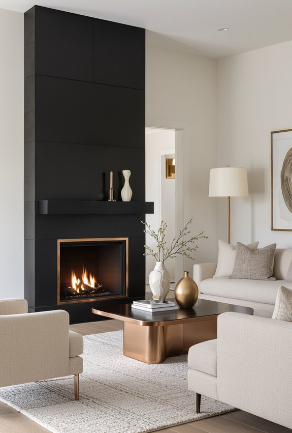 matte black fireplace with rose gold