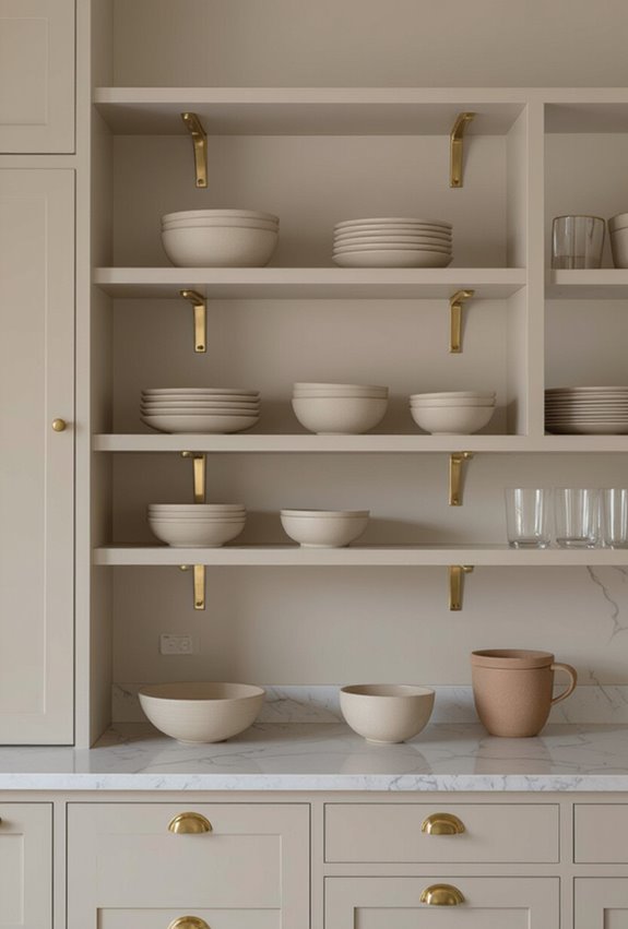 matte gold bracketed beige shelving