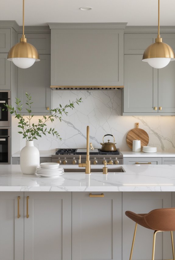 matte grey cabinets with brass