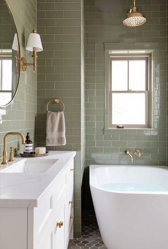 matte olive tiles brass fixtures