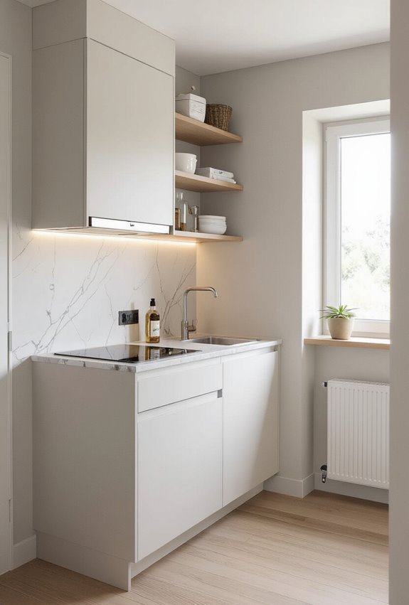 maximized compact kitchenette storage and prep