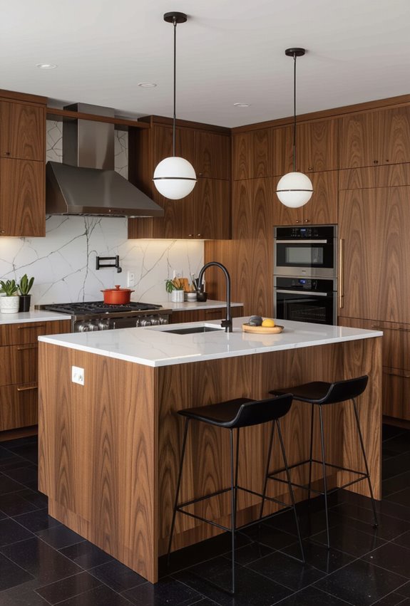midcentury kitchen with black flooring