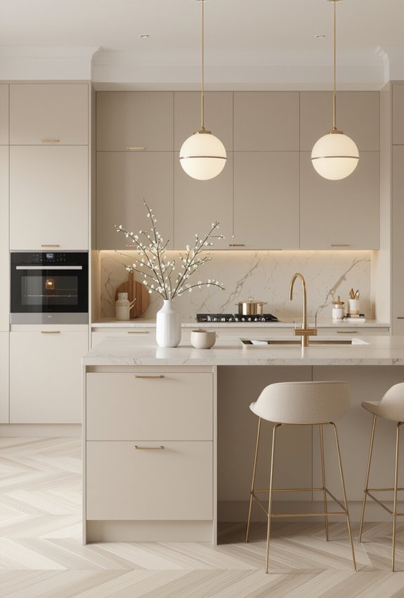 minimal beige kitchen gold trim