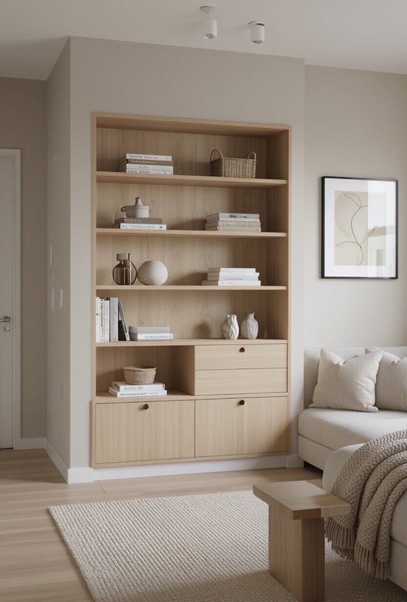 minimalist seasonal open shelf styling