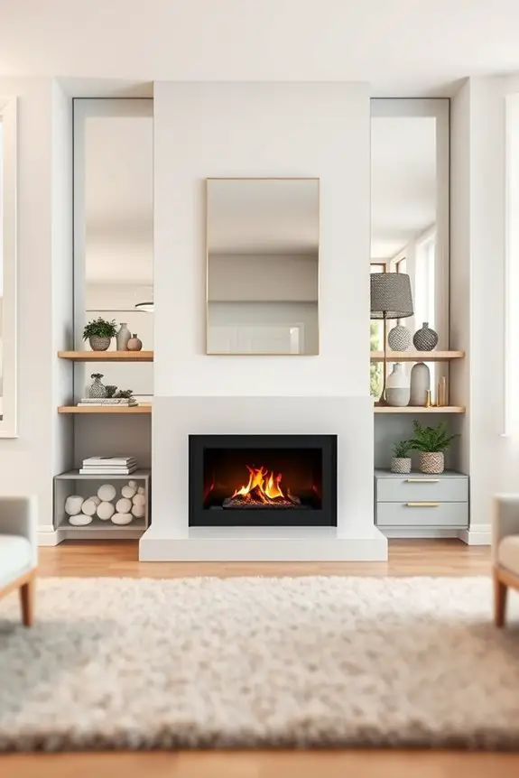 mirrored accents enhance fireplaces