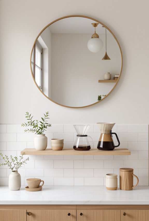 mirrored shelving expands coffee nook