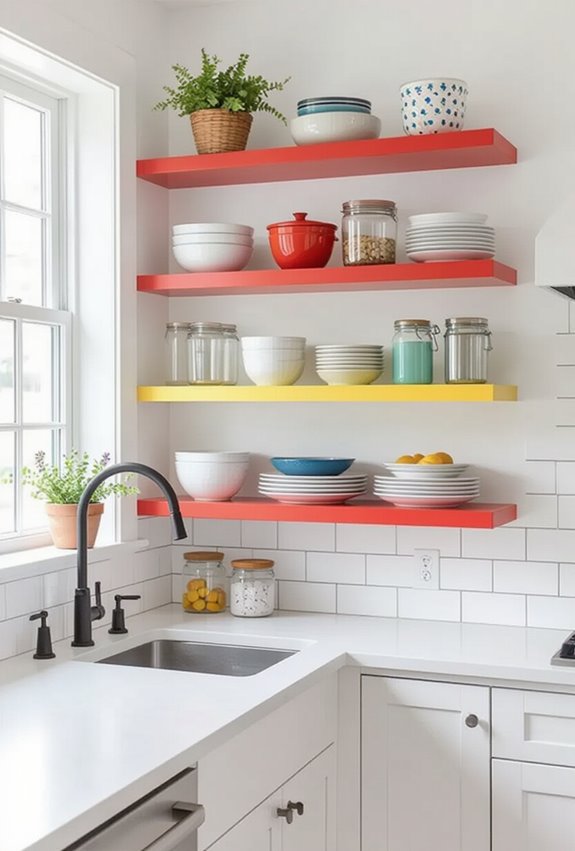 mismatched colorful kitchen shelves