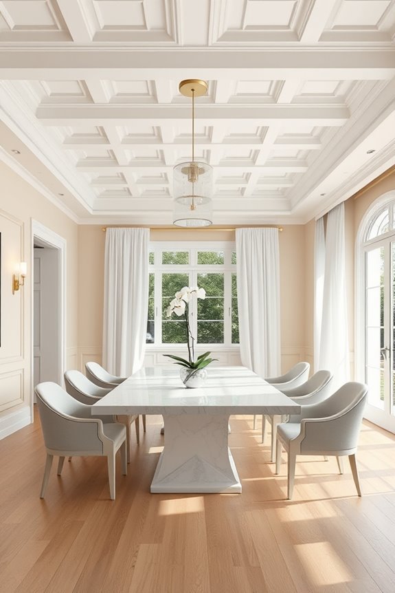 monochromatic elegance with coffered ceiling