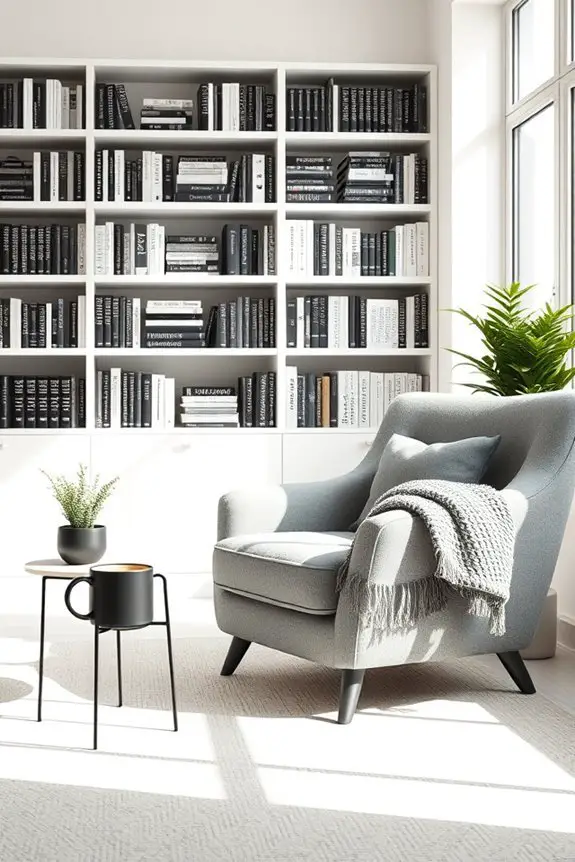 monochrome bookshelf aesthetic design