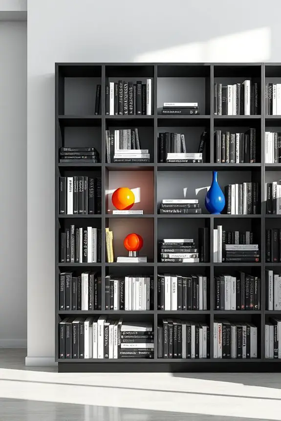 monochrome bookshelf with accents