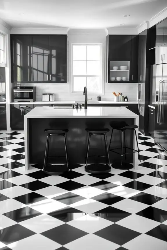 monochrome checkerboard kitchen flooring
