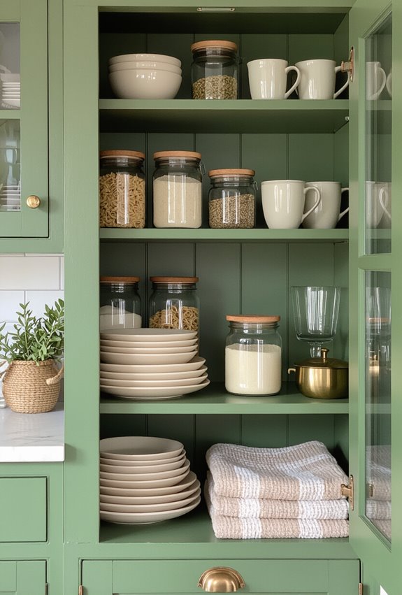 moss green cupboard organization