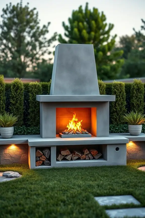 multi level concrete fireplace feature