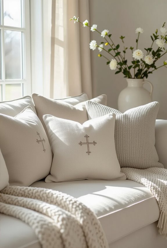 neutral embroidered resurrection themed pillows