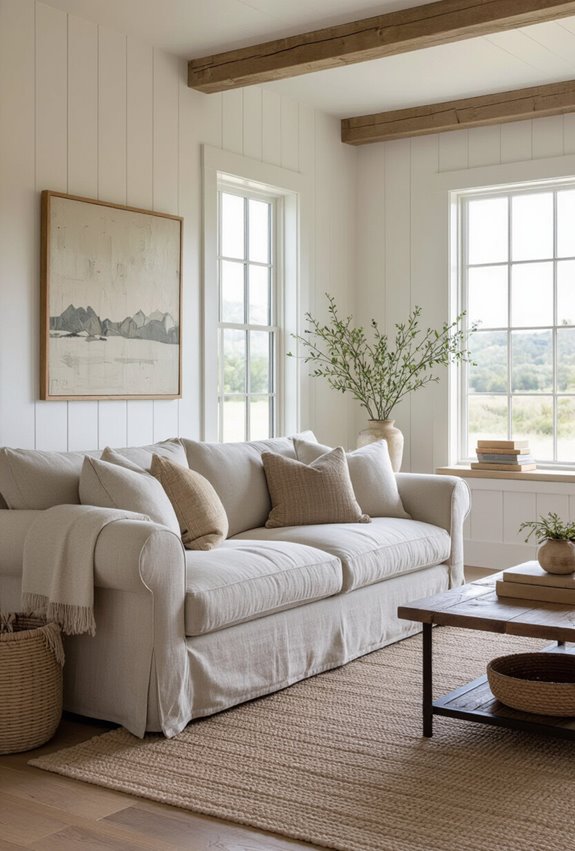 neutral overstuffed slipcovered sofa