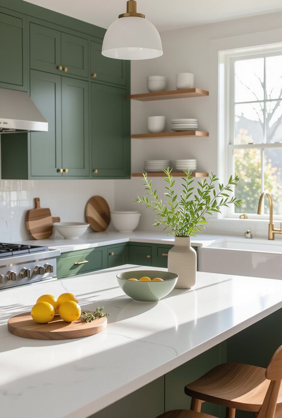olive cabinets white counters