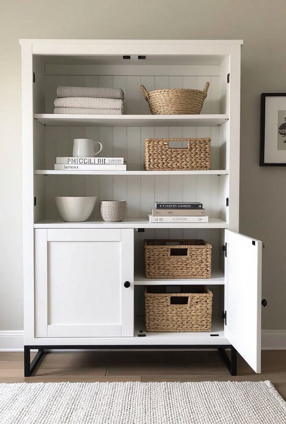 open shelf display with baskets