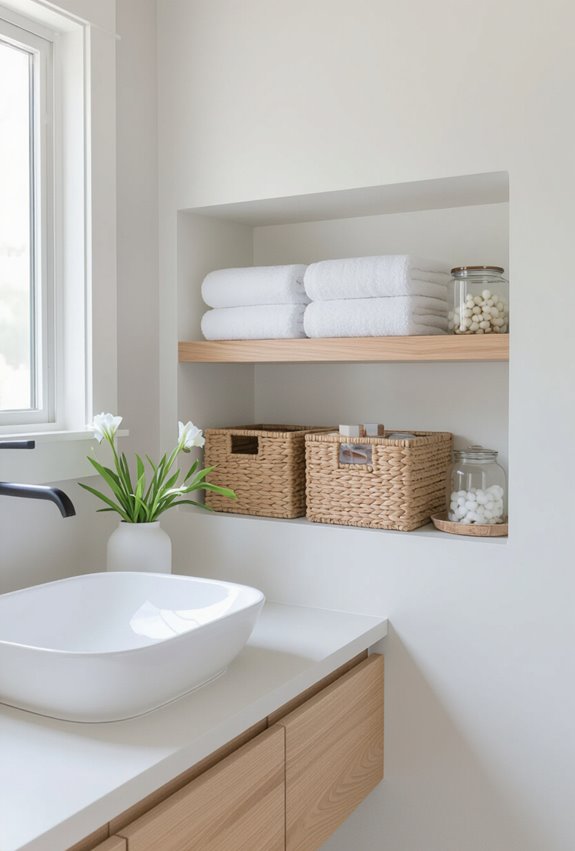 open shelves baskets labeled