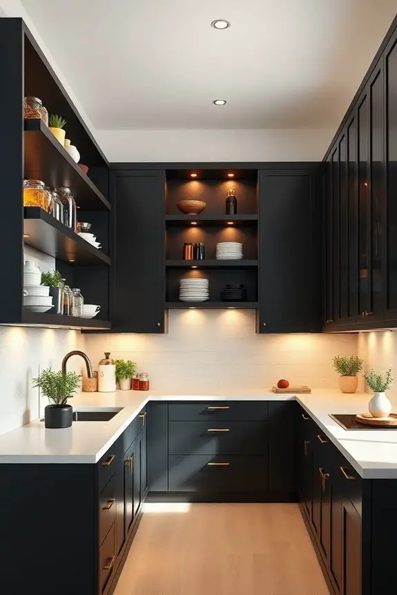 open shelving black cabinetry
