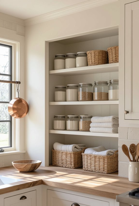 open shelving labeled baskets