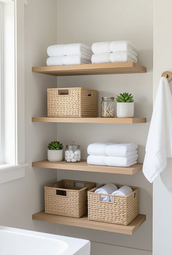 open shelving with baskets