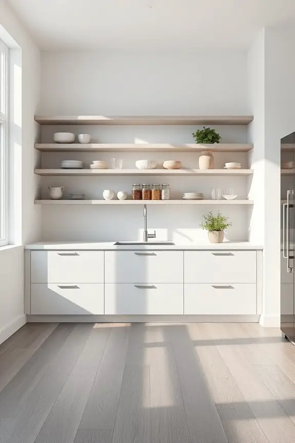 open shelving with gray floors