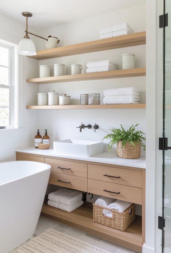open shelving with towel rods