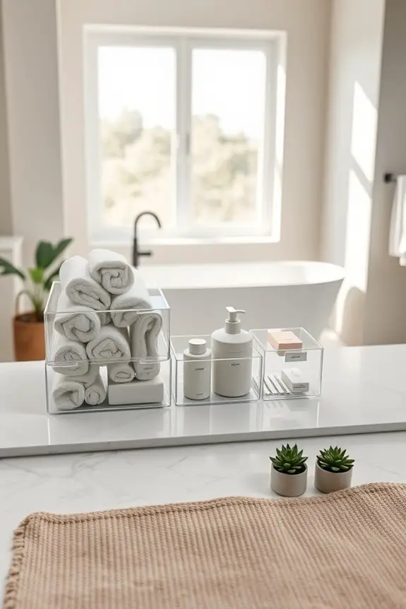 organize toiletries in bins