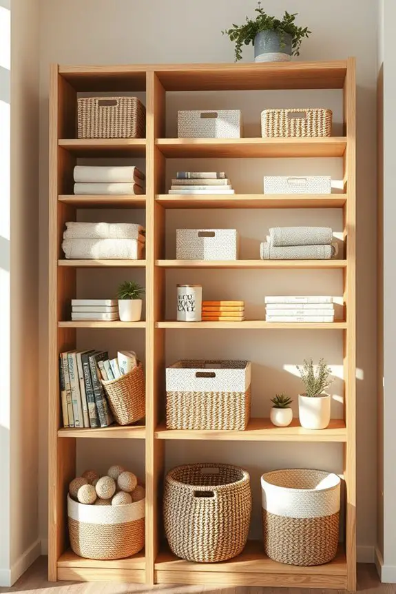 organized bookshelf with baskets