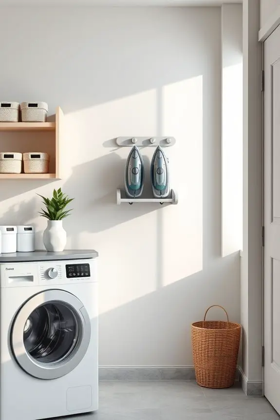 organized laundry with iron holder