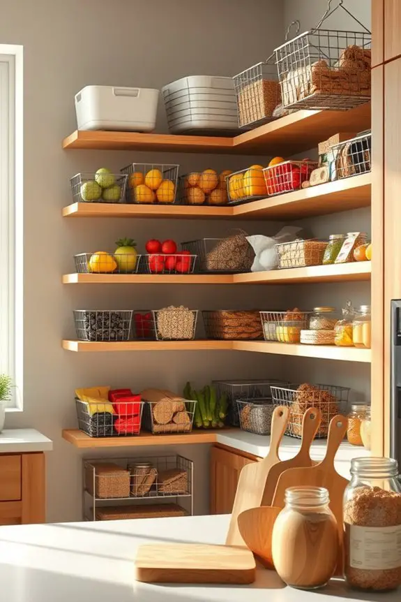 organized pantry with wire baskets